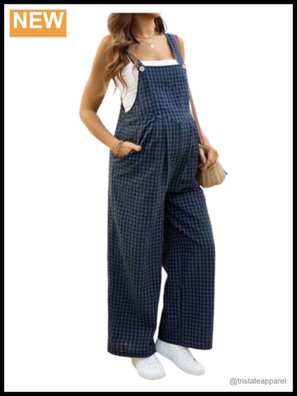 Maternity Overalls Gingham Wide Leg Jumpsuit Sleeveless Square Neck